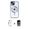 MARSİLYAN™- iPhone 14 Kılıf Nova Işık Özel Seri - Siyah Buffer Hayalet Cam Ekran Koruyucu + Mavi Shine Kamera Lens