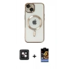 MARSİLYAN™- iPhone 14 Kılıf Nova Işık Özel Seri - Siyah Buffer Hayalet Cam Ekran Koruyucu + PVD Metal Kamera Lens - PE