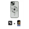 MARSİLYAN™- iPhone 14 Kılıf Nova Işık Özel Seri - Siyah Buffer Hayalet Cam Ekran Koruyucu + PVD Metal Kamera Lens - PE
