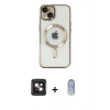 MARSİLYAN™- iPhone 14 Kılıf Nova Işık Özel Seri - Siyah Joko Magic 5D Cam + Pembe PVD Metal Kamera Lens