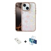 MARSİLYAN™- iPhone 14 Kılıf Odak Prime - Siyah 3D Antistatik Cam Ekran Koruyucu + Pembe Diamond Kamera Lens