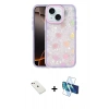 MARSİLYAN™- iPhone 14 Kılıf Odak Prime - Siyah 3D Antistatik Cam Ekran Koruyucu + Pembe Diamond Kamera Lens