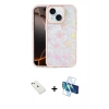 MARSİLYAN™- iPhone 14 Kılıf Odak Prime - Siyah 3D Antistatik Cam Ekran Koruyucu + Pembe Diamond Kamera Lens