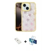 MARSİLYAN™- iPhone 14 Kılıf Odak Prime - Siyah 3D Antistatik Cam Ekran Koruyucu + Pembe Diamond Kamera Lens