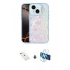 MARSİLYAN™- iPhone 14 Kılıf Odak Prime - Siyah 3D Antistatik Cam Ekran Koruyucu + Pembe Diamond Kamera Lens