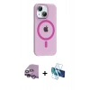 MARSİLYAN™- iPhone 14 Kılıf Pusula Form Özel Seri - Siyah 3D Antistatik Cam Ekran Koruyucu + Mor Raze Metal Kamera Lens
