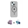 MARSİLYAN™- iPhone 14 Kılıf Pusula Form Özel Seri - Siyah 3D Antistatik Cam Ekran Koruyucu + Mor Raze Metal Kamera Lens
