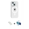 MARSİLYAN™- iPhone 14 Kılıf Pusula Form Özel Seri - Siyah 3D Antistatik Cam Ekran Koruyucu + Sierra Blue Diamond Kamera Lens