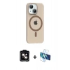 MARSİLYAN™- iPhone 14 Kılıf Pusula Form Özel Seri - Siyah 3D Antistatik Cam Ekran Koruyucu + PVD Metal Kamera Lens - TU