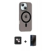 MARSİLYAN™- iPhone 14 Kılıf Pusula Form Özel Seri - Siyah 3D Antistatik Hayalet Cam Ekran Koruyucu + PVD Metal Kamera Lens - PE