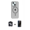 MARSİLYAN™- iPhone 14 Kılıf Pusula Form Özel Seri - Siyah 3D Antistatik Hayalet Cam Ekran Koruyucu + PVD Metal Kamera Lens - SH