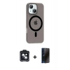 MARSİLYAN™- iPhone 14 Kılıf Pusula Form Özel Seri - Siyah 3D Antistatik Hayalet Cam Ekran Koruyucu + PVD Metal Kamera Lens - SH