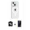 MARSİLYAN™- iPhone 14 Kılıf Pusula Form Özel Seri - Siyah 3D Antistatik Hayalet Cam Ekran Koruyucu + PVD Metal Kamera Lens - GS