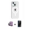 MARSİLYAN™- iPhone 14 Kılıf Pusula Form Özel Seri - Siyah 3D Antistatik Hayalet Cam Ekran Koruyucu + Raze Metal Kamera Lens - GS