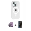 MARSİLYAN™- iPhone 14 Kılıf Pusula Form Özel Seri - Siyah 3D Antistatik Hayalet Cam Ekran Koruyucu + Raze Metal Kamera Lens - SH