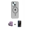 MARSİLYAN™- iPhone 14 Kılıf Pusula Form Özel Seri - Siyah 3D Antistatik Hayalet Cam Ekran Koruyucu + Raze Metal Kamera Lens - GS