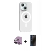 MARSİLYAN™- iPhone 14 Kılıf Pusula Form Özel Seri - Siyah 3D Antistatik Hayalet Cam Ekran Koruyucu + Raze Metal Kamera Lens - MR