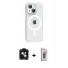 MARSİLYAN™- iPhone 14 Kılıf Pusula Form Özel Seri - Siyah Bilvis 3D Cam Ekran Koruyucu + Turuncu PVD Metal Kamera Lens