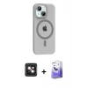 MARSİLYAN™- iPhone 14 Kılıf Pusula Form Özel Seri - Siyah Bilvis 5in1 5D Magic Hayalet Cam Ekran Koruyucu + PVD Metal Kamera Lens - PE