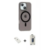MARSİLYAN™- iPhone 14 Kılıf Pusula Form Özel Seri - Siyah Bilvis Hayalet Cam Ekran Koruyucu + Pembe Diamond Kamera Lens