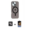 MARSİLYAN™- iPhone 14 Kılıf Pusula Form Özel Seri - Siyah Buffer Hayalet Cam Ekran Koruyucu + PVD Metal Kamera Lens - PE