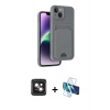 MARSİLYAN™- iPhone 14 Kılıf Vadi Çizgi Prime - Siyah 3D Antistatik Cam Ekran Koruyucu + PVD Metal Kamera Lens - PE