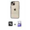 MARSİLYAN™- iPhone 14 Kılıf Vadi Minimal - Siyah Bilvis 5in1 5D Magic Hayalet Cam Ekran Koruyucu + Pembe PVD Metal Kamera Lens