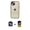 MARSİLYAN™- iPhone 14 Kılıf Vadi Minimal - Siyah Buffer Cam Ekran Koruyucu + PVD Metal Kamera Lens - SH