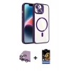 MARSİLYAN™- iPhone 14 Kılıf Yadigar Asil Koleksiyonu - Siyah Buffer Hayalet Cam Ekran Koruyucu + Mor Raze Metal Kamera Lens