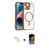 MARSİLYAN™- iPhone 14 Kılıf Yadigar Asil Koleksiyonu - Siyah Buffer Hayalet Cam Ekran Koruyucu + Pembe Diamond Kamera Lens