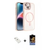 MARSİLYAN™- iPhone 14 Kılıf Yadigar Asil Koleksiyonu - Siyah Buffer Hayalet Cam Ekran Koruyucu + Pembe Diamond Kamera Lens