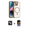 MARSİLYAN™- iPhone 14 Kılıf Yadigar Asil Koleksiyonu - Siyah Buffer Hayalet Cam Ekran Koruyucu + PVD Metal Kamera Lens - PE