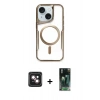 MARSİLYAN™- iPhone 14 Kılıf Yadigar Klasik Özel Seri - Şeffaf 360 Full Body Arka Koruyucu + PVD Metal Kamera Lens - PE