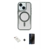 MARSİLYAN™- iPhone 14 Kılıf Yadigar Klasik Özel Seri - Siyah 3D Antistatik Hayalet Cam Ekran Koruyucu + Diamond Kamera Lens - KI
