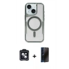 MARSİLYAN™- iPhone 14 Kılıf Yadigar Klasik Özel Seri - Siyah 3D Antistatik Hayalet Cam Ekran Koruyucu + PVD Metal Kamera Lens - SH