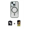MARSİLYAN™- iPhone 14 Kılıf Yadigar Klasik Özel Seri - Siyah Buffer Cam Ekran Koruyucu + Gümüş PVD Metal Kamera Lens