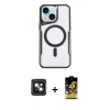 MARSİLYAN™- iPhone 14 Kılıf Yadigar Klasik Özel Seri - Siyah Buffer Cam Ekran Koruyucu + PVD Metal Kamera Lens - PE