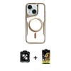 MARSİLYAN™- iPhone 14 Kılıf Yadigar Klasik Özel Seri - Siyah Buffer Cam Ekran Koruyucu + Turuncu PVD Metal Kamera Lens