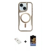 MARSİLYAN™- iPhone 14 Kılıf Yadigar Klasik Özel Seri - Siyah Buffer Hayalet Cam Ekran Koruyucu + Kırmızı Diamond Kamera Lens