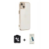 MARSİLYAN™- iPhone 14 Kılıf Yankı Serisi - Şeffaf Pasifik Cam Ekran Koruyucu + PVD Metal Kamera Lens - MI