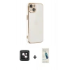 MARSİLYAN™- iPhone 14 Kılıf Yankı Serisi - Şeffaf Pasifik Cam Ekran Koruyucu + PVD Metal Kamera Lens - PE