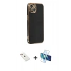 MARSİLYAN™- iPhone 14 Kılıf Yankı Serisi - Siyah 3D Antistatik Cam Ekran Koruyucu + Diamond Kamera Lens - KI