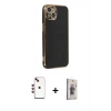MARSİLYAN™- iPhone 14 Kılıf Yankı Serisi - Siyah Bilvis 3D Cam Ekran Koruyucu + Shine Kamera Lens - KI
