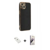 MARSİLYAN™- iPhone 14 Kılıf Yankı Serisi - Siyah Bilvis 3D Mat Cam Ekran Koruyucu + Diamond Kamera Lens - PE