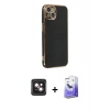 MARSİLYAN™- iPhone 14 Kılıf Yankı Serisi - Siyah Bilvis 5in1 5D Magic Hayalet Cam Ekran Koruyucu + PVD Metal Kamera Lens - PE