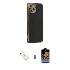 MARSİLYAN™- iPhone 14 Kılıf Yankı Serisi - Siyah Buffer Hayalet Cam Ekran Koruyucu + Diamond Kamera Lens - PE