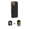MARSİLYAN™- iPhone 14 Kılıf Yankı Serisi - Siyah Buffer Hayalet Cam Ekran Koruyucu + PVD Metal Kamera Lens - SH