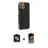 MARSİLYAN™- iPhone 14 Kılıf Yankı Serisi - Siyah Buffer Hayalet Cam Ekran Koruyucu + PVD Metal Kamera Lens - YL