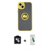 MARSİLYAN™- iPhone 14 Kılıf Yörünge Çizgi - Şeffaf Pasifik Cam Ekran Koruyucu + PVD Metal Kamera Lens - GS