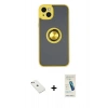 MARSİLYAN™- iPhone 14 Kılıf Yörünge Çizgi - Şeffaf Pasifik Cam Ekran Koruyucu + Diamond Kamera Lens - PE